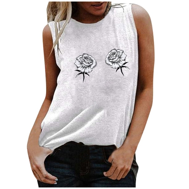 Gibobby Camiseta sin mangas con estampado divertido para mujer, camiseta sin mangas con cuello redondo, camiseta, camiseta, blusa, camisetas sin mangas informales(C,CH)