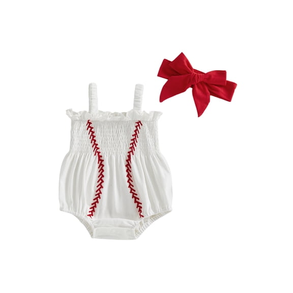 BemeyourBBs Newborn Baby Girl Baseball Outfit Summer Smocked Bubble Romper Baseball Embroidered Sleeveless Bodysuit Playsuit and Headband Set