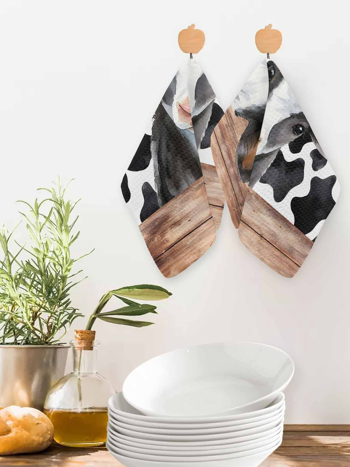 Cow Printed Kitchen Dish Towels for Drying Dishes Set of 2, Farmhouse Watercolor Country Wooden Grain Waffle Weave Microfiber Hand Tea Bathroom Towels Quick Dry & Absorbent Towel 12x12
