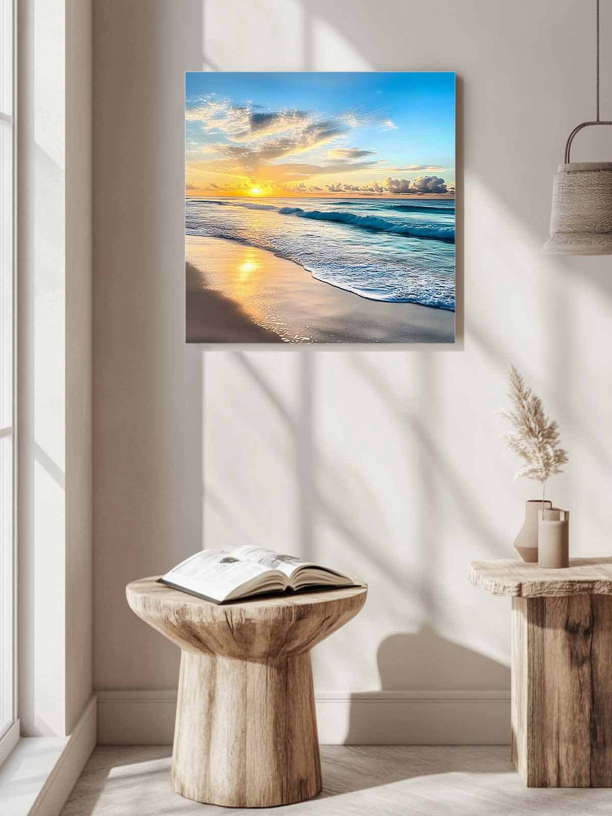 Ocean Sunrise Sunset Canvas Wall Art, Beach Waves Sea Scenery Framed Wall Decor Modern Artwork Prints Painting for Living Room, Bedroom, Kitchen & Cafe Decor 12x12 Inch