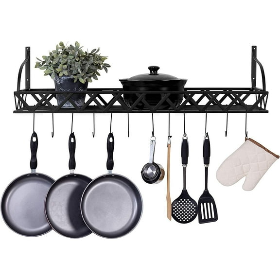 36-In Wall Mounted Black Metal Kitchen Floating Pot Shelf, Cookware Storage Rack