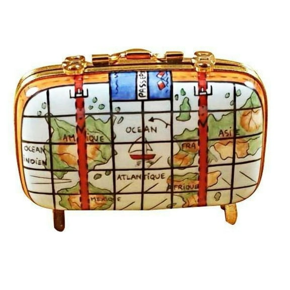 Maps Suitcase Limoges Box for Travelers Limoges Box Porcelain Figurine