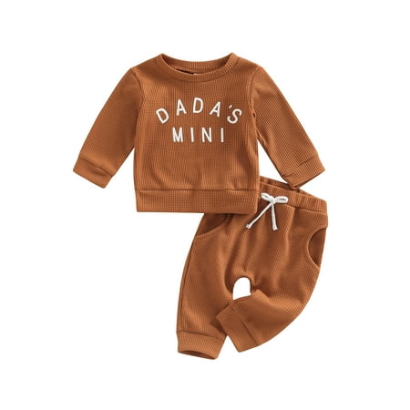 

jaweiwi 2Pcs Baby Girls Boys Waffle Clothes Set Fashion Letter Printed Long Sleeve Tops Sweatshirt and Solid Color Tie-up Trousers Size 0 6 12 18 24 M
