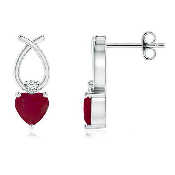 ANGARA Natural Heart Shaped Ruby Ribbon Earrings with Diamond in 925 Sterling Silver for Women (Size-4mm) | July Birthstone, Birthday, Anniversary, Jewelry Gift for Women | Natural Ruby Earrings