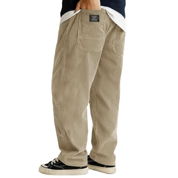 Dwelliawo Corduroy Pants Men Elastic Waist Drawstring Pants Straight Leg Baggy Pant Casual Loose Trousers Fall Pantalones with Pockets Khaki XL
