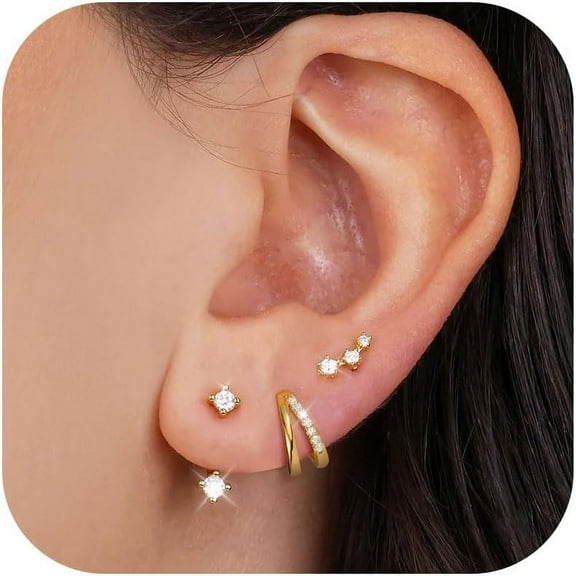 3 Pairs Hoop Earrings For Women 925 Sterling Silver Trendy 14K Gold Plated Huggie Earring Silver Hypoallergenic Stud Cartilage Earring Sets For Multiple Piercing Cute Small Jewelry Gift[Z2260]