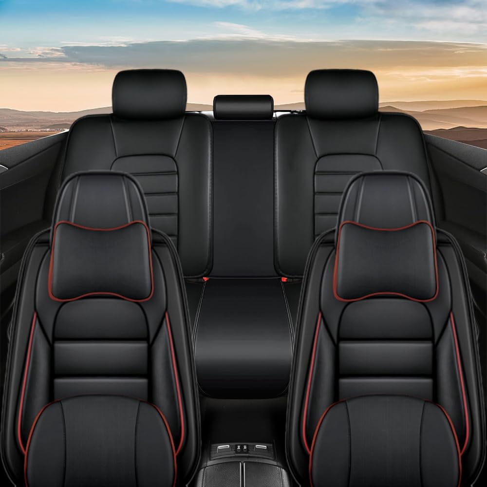 AFUNTIO Leather 5 Seat Covers for Jeep 99% Models,Luxury Car Seat Cushions Full Set,Waterproof Car Sit Protectors,Nonslip Interior Accessories(Black and Red)