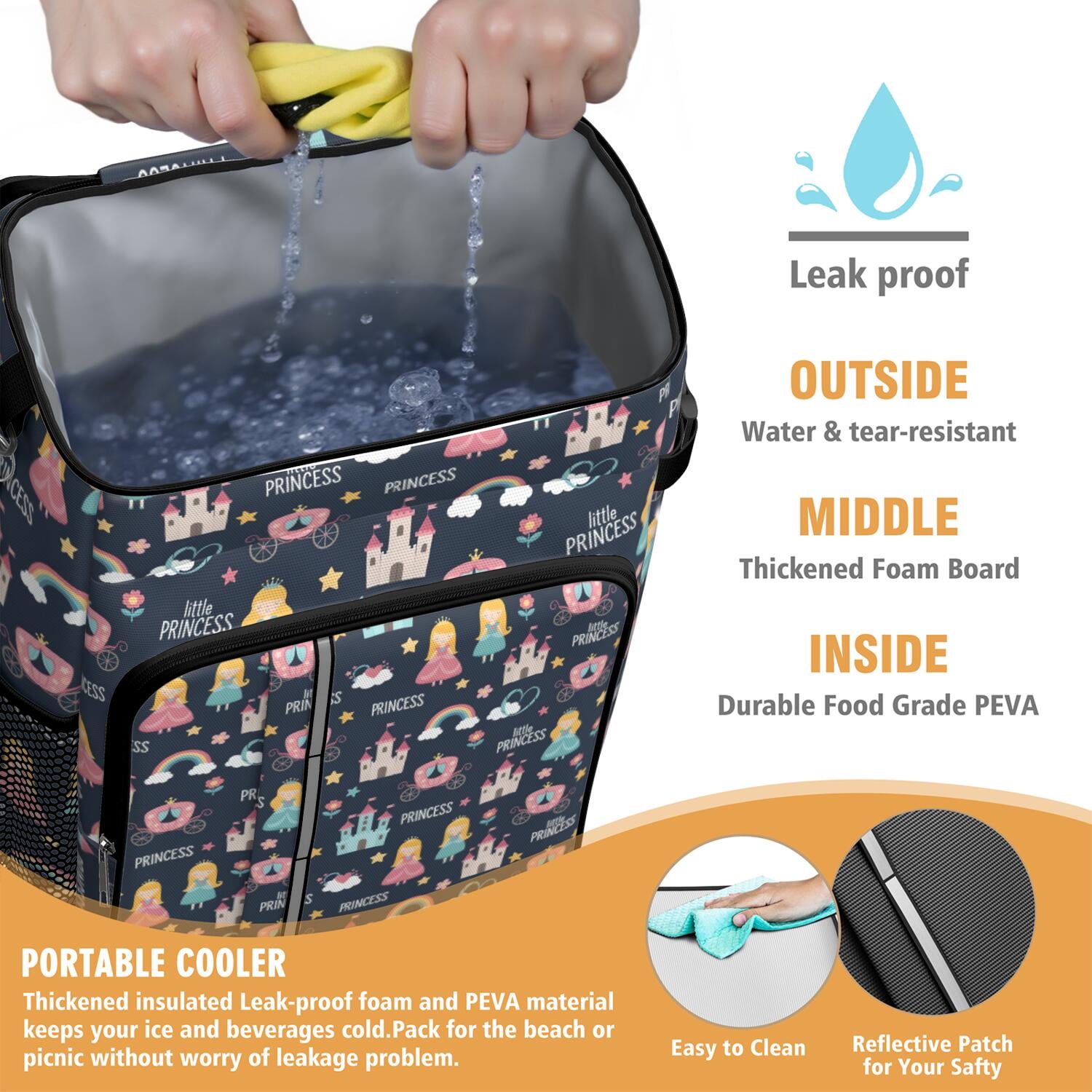 Travel Cooler Bag - Dark Blue Princess Castle Pattern Camping Beer Cooler Backpack with Bottle Opener- Waterproof Insulated Picnic Backpacks - Cooler Bag for Beach