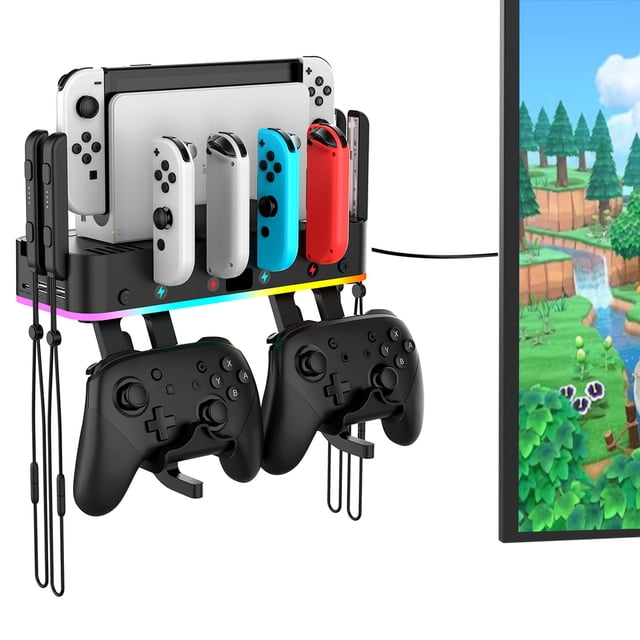 Soporte de pared RGB para Switch con cargador Joy-Cons, soporte para Switch / OLED con 15 modos de iluminación, cargador para 4 mandos, 2 puertos USB y 10 ranuras para tarjetas