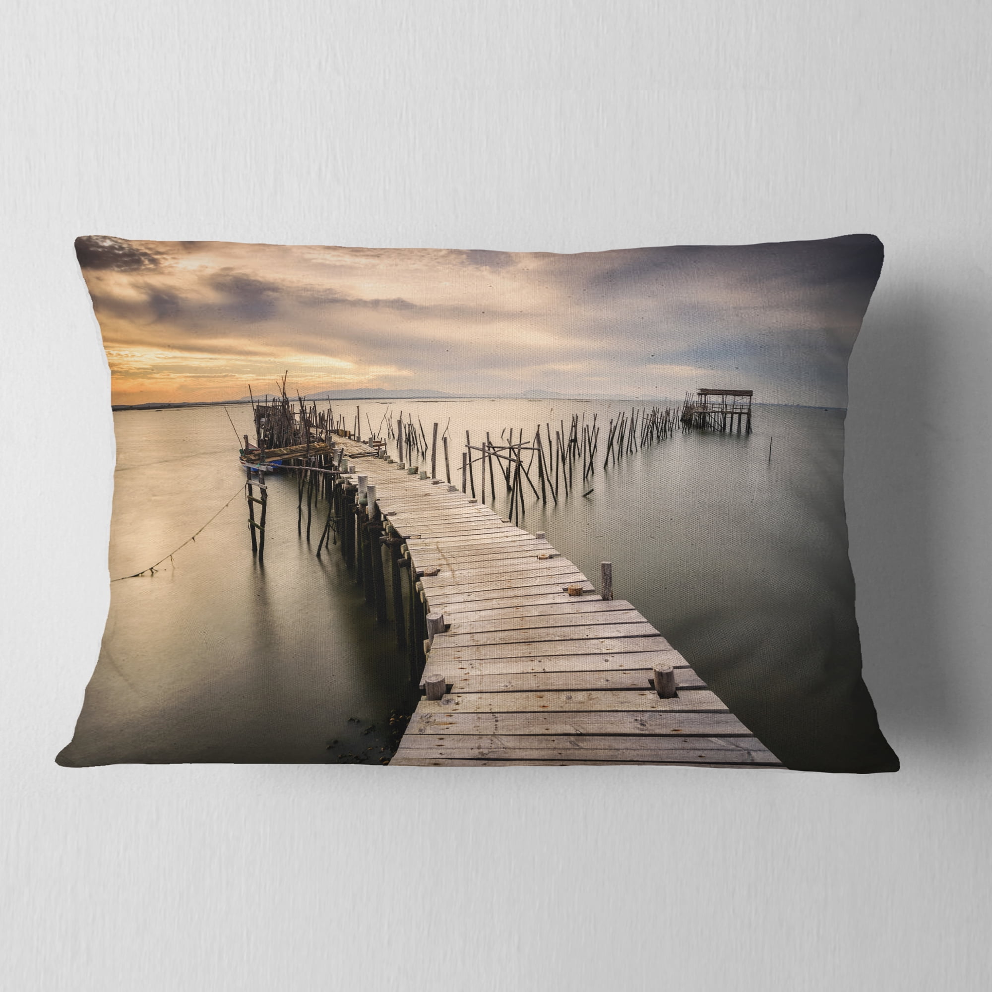Designart Carrasqueira Old Wooden Pier - Seashore Photo Throw Pillow - 12x20