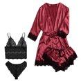 thumbnail image 4 of Conjunto de pijama de satén para mujer, camisola con ribete de encaje floral, lencería, ropa de dormir con bata XL, 4 Uds., color rojo, 4 of 8