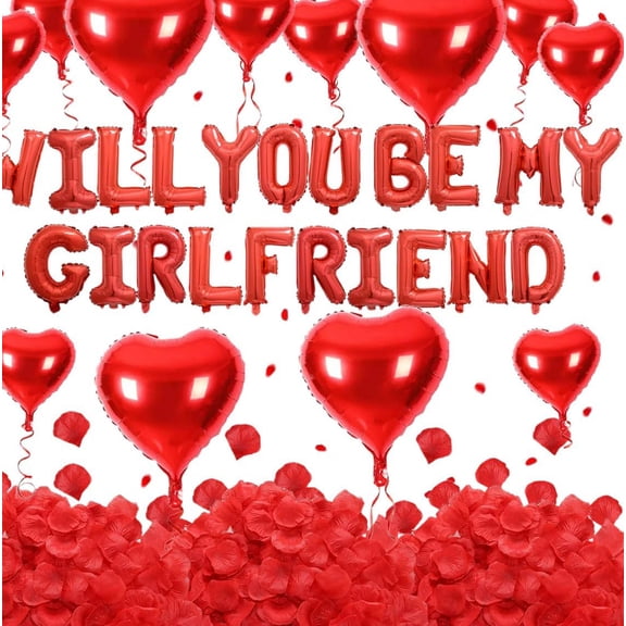 Will You be My Girlfriend Balloons and Heart Balloons with Rose Petals, Red Letter Balloon for Valentines Day Decorations Wedding Anniversary Engagement