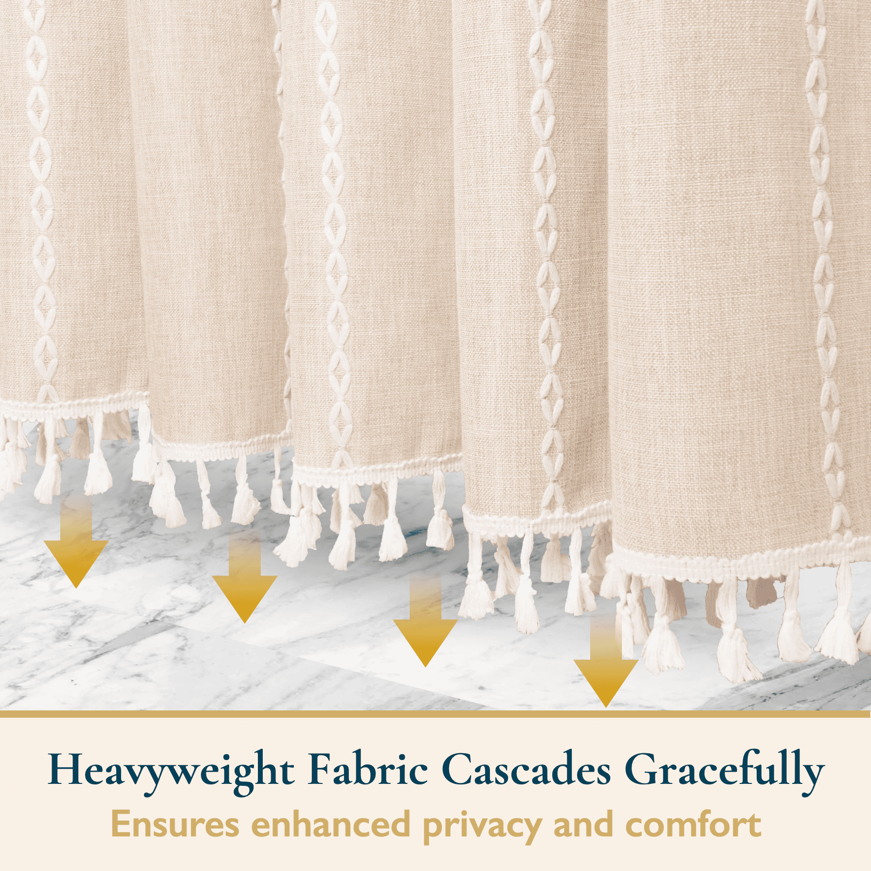 ComfiTime Tassel Shower Curtain Set with Hooks – 330 GSM Heavy-Duty Fabric Cloth, Boho Farmhouse Bathroom Curtain, Embroidered Hotel Luxury Linen, Water-Repellent, Machine-Washable, 72” x 72”, Beige