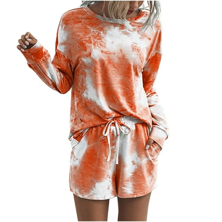 

BRKEWI Women s Tie T-Shirt Round Neck Long Sleeve Shorts Pajamas Long Sleeve Top Short Sleeve Suit Two Piece Set