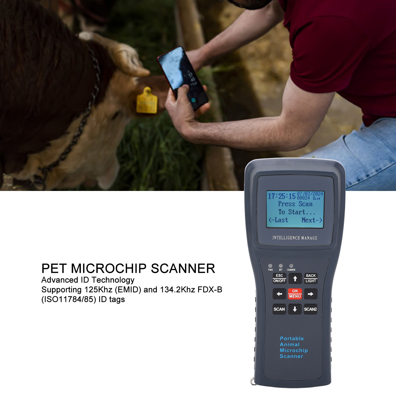 Pet Microchip Scanner Rechargeable Animal Chip ID Scanner Handheld Low  Frequency 60000 Records High Accuracy Microchip Tag Reader for Animal Pet  Dog