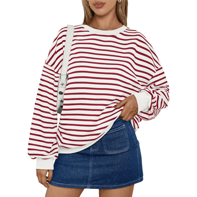 Sudadera de Cuello Redondo A Rayas de Gran Tamaño para Mujer, Jersey de Larga con Bloques de Color, Camiseta Informal Holgada para Hacer Ejercicio, Color Rojo, Talla M