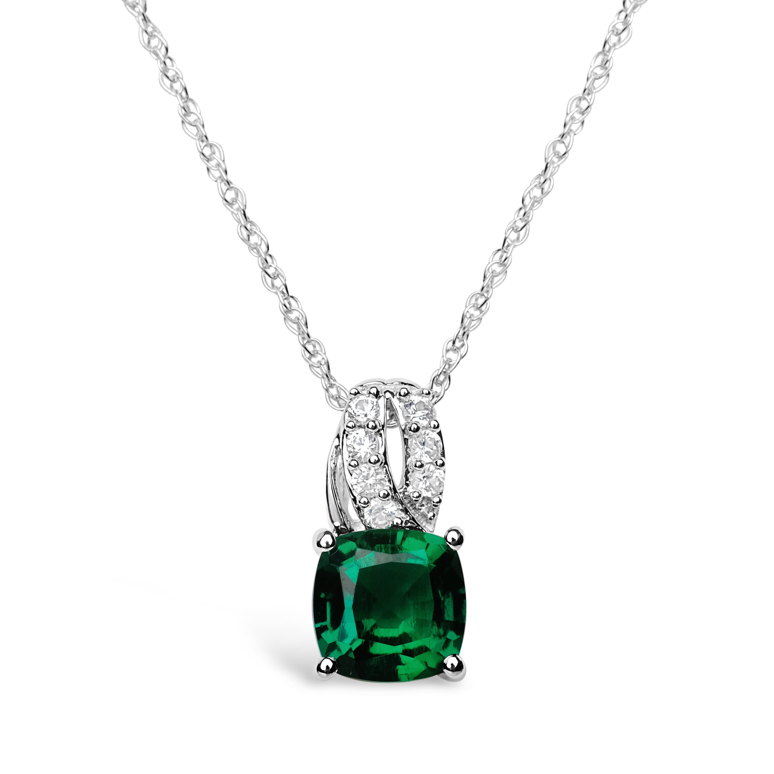 Jay Heart Designs 925 Sterling Silver Created Emerald and Created White Sapphire Pendant with 18" Chain
