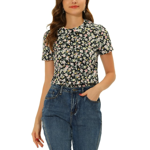 INSPIRE CHIC Chemisier d'Été pour Femme à Col Peter Pan, Boutonné à l'Avant, Blouse Vintage à Motif Floral, Haut TP Noir