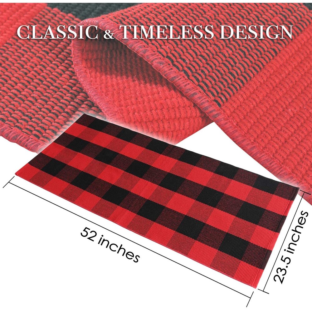 VUDECO Buffalo Plaid Rug 23.5” x 52” Red and Black Check Front Door Mat