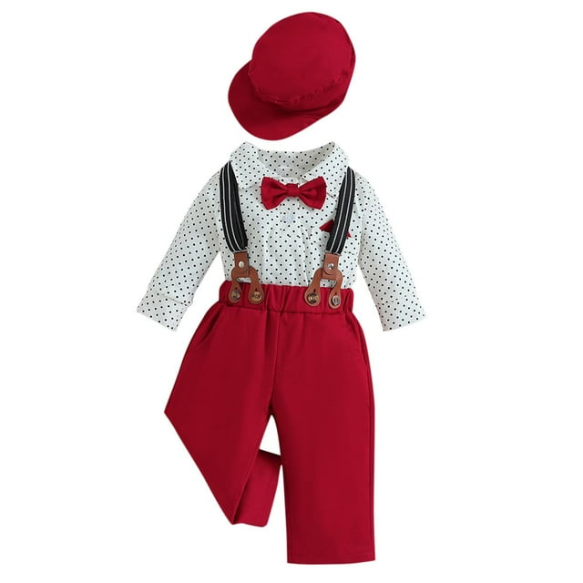 Odeerbi 0-2 Años Niños Caballero Traje Formal Cumpleaños Primer Año Trajes Conjunto Mono Manga Larga Pantalón Sombrero Lazo Conjunto de Cuatro Piezas