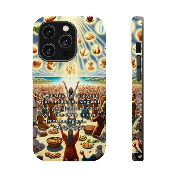 DistinctInk Tough Case for Apple iPhone 15 Pro MAX (6.7" Screen), Compatible with MagSafe Charging - "Blessed Nourishment: Exodus 23:25 - Worshipping God Brings Healing"