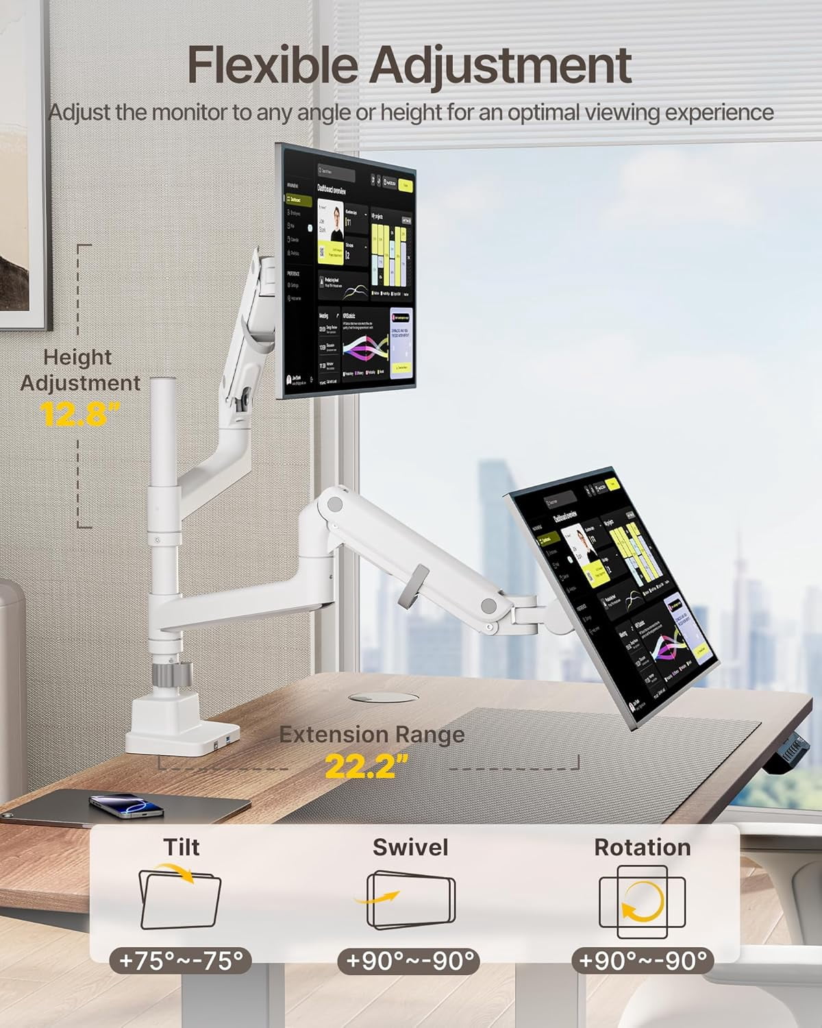 monTEK Dual Monitor Arm for 17–57 in Ultrawide Screens, Vertical Stackable Gas Spring Desk Mount Holds 59.4 lb per Screen, Adjustable Tilt Swivel Rotation, VESA 75x75/100x100, Clamp & Grommet, White