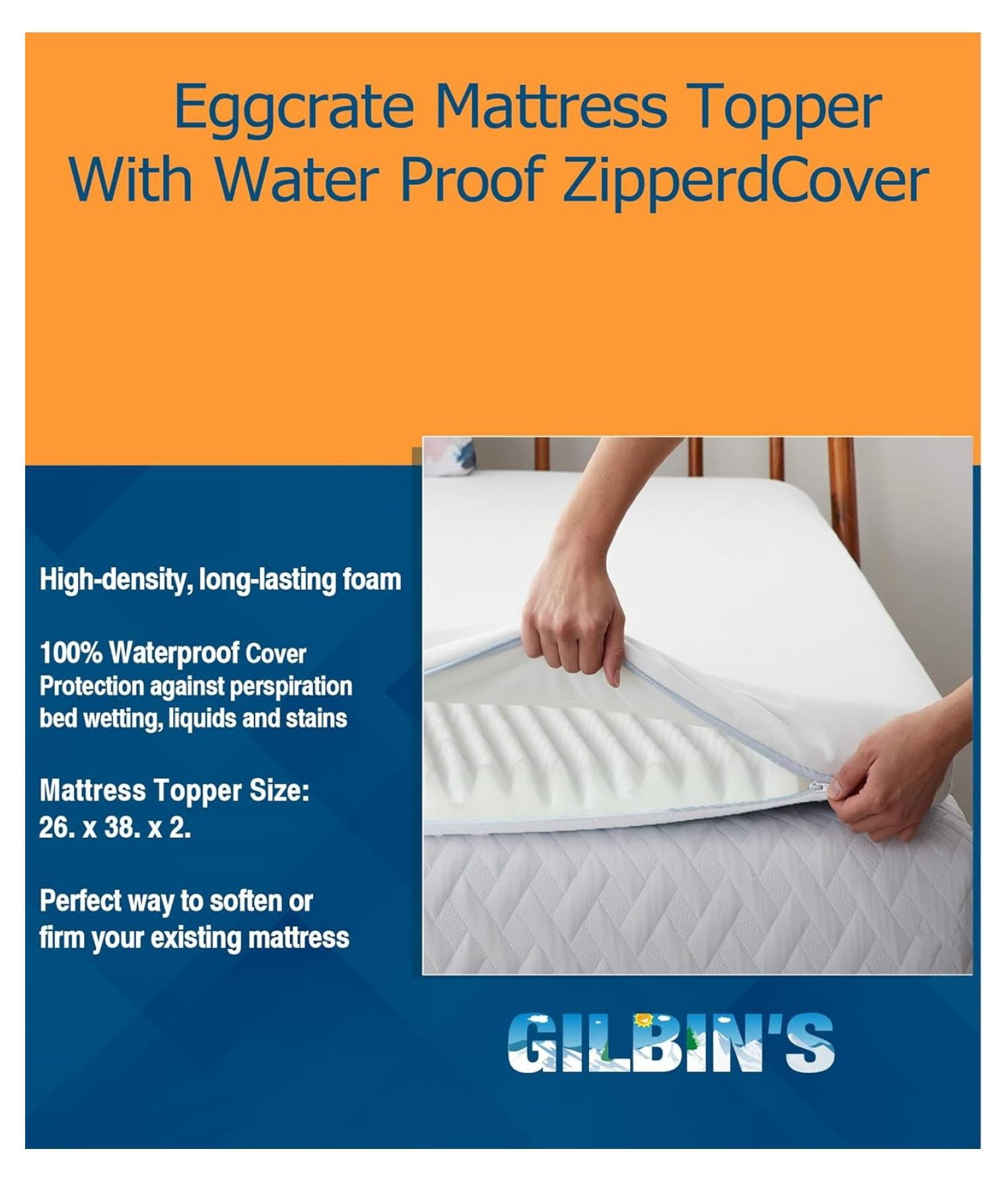 Gilbin Foam Mattress Topper, Egg Crate Hi-Density Foam Pad, Mattress Pad, and Bed Topper for Support (with Waterproof ZipperdCover, Crib Size 26x38)