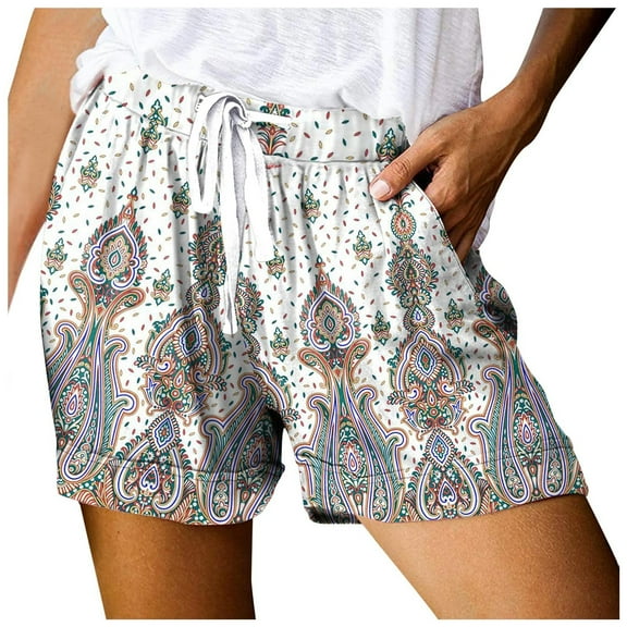 GEWSEY Women Casual Shorts Comfy Elastic Waist Drawstring Pocket Shorts Pants White, 2XL