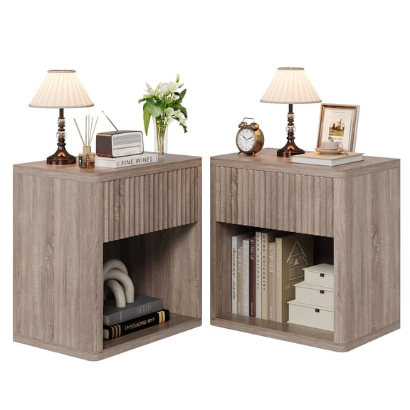 Nightstand Set of 2 – Wooden Side Tables with Drawer and Shelf, Fluted Panel Accent Furniture for Bedroom Living Room Sofa, Light Walnut