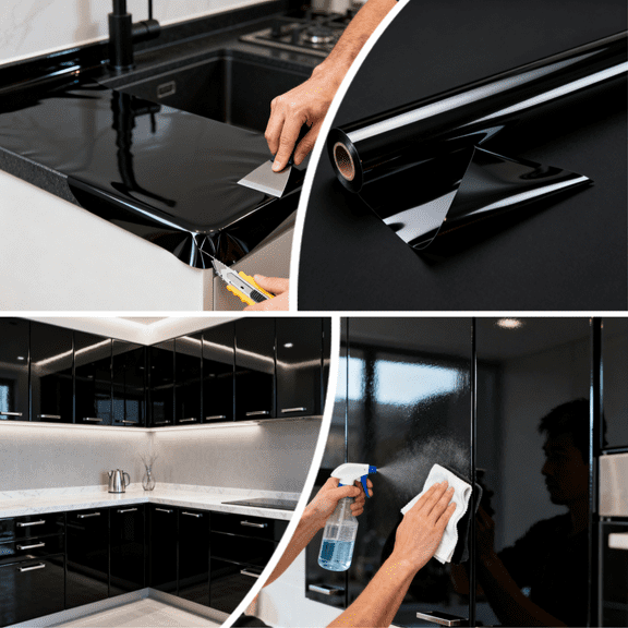 Gloss Black PVC Vinyl Wrap Roll 1x5 2x5 4.8x5 FT - Waterproof Oil Resistant Easy Clean Adhesive Film for Furniture, Appliance, DIY Projects