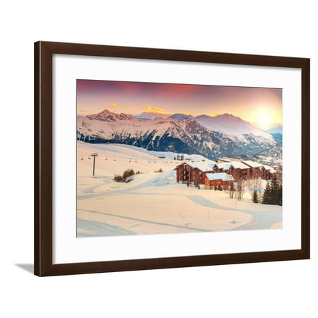 Majestic Winter Sunrise Landscape and Ski Resort in French Alps,La Toussuire,France,Europe Framed Print Wall Art By Gaspar