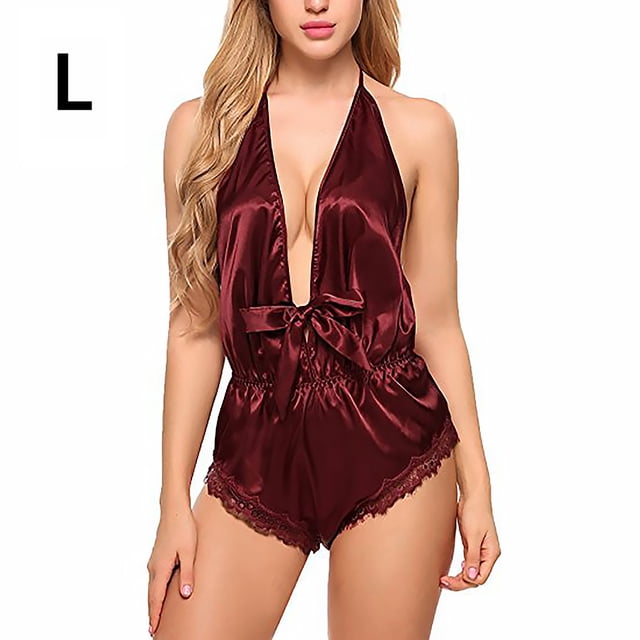 Mono encantador Cuello en V profundo Encantador Body encantador con borde de encaje liso, L, Rojo vino Inevent XX000130-17