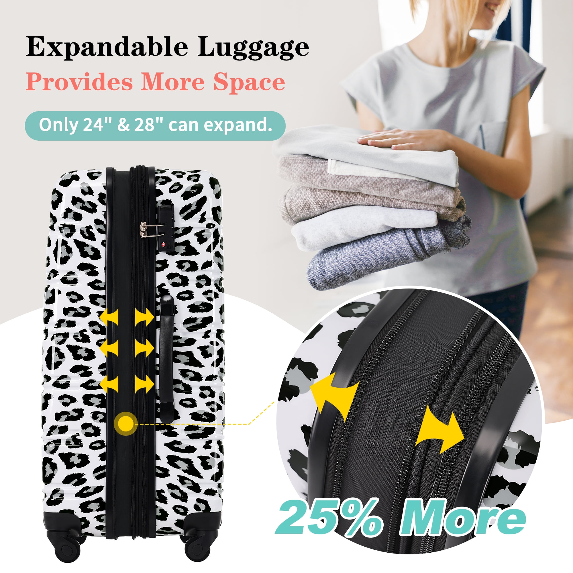 MAYEERTY 3-Piece Lightweight PC Luggage Set - Leopard Print Expandable Hardshell Suitcase with TSA Lock & Spinner Wheels, Black