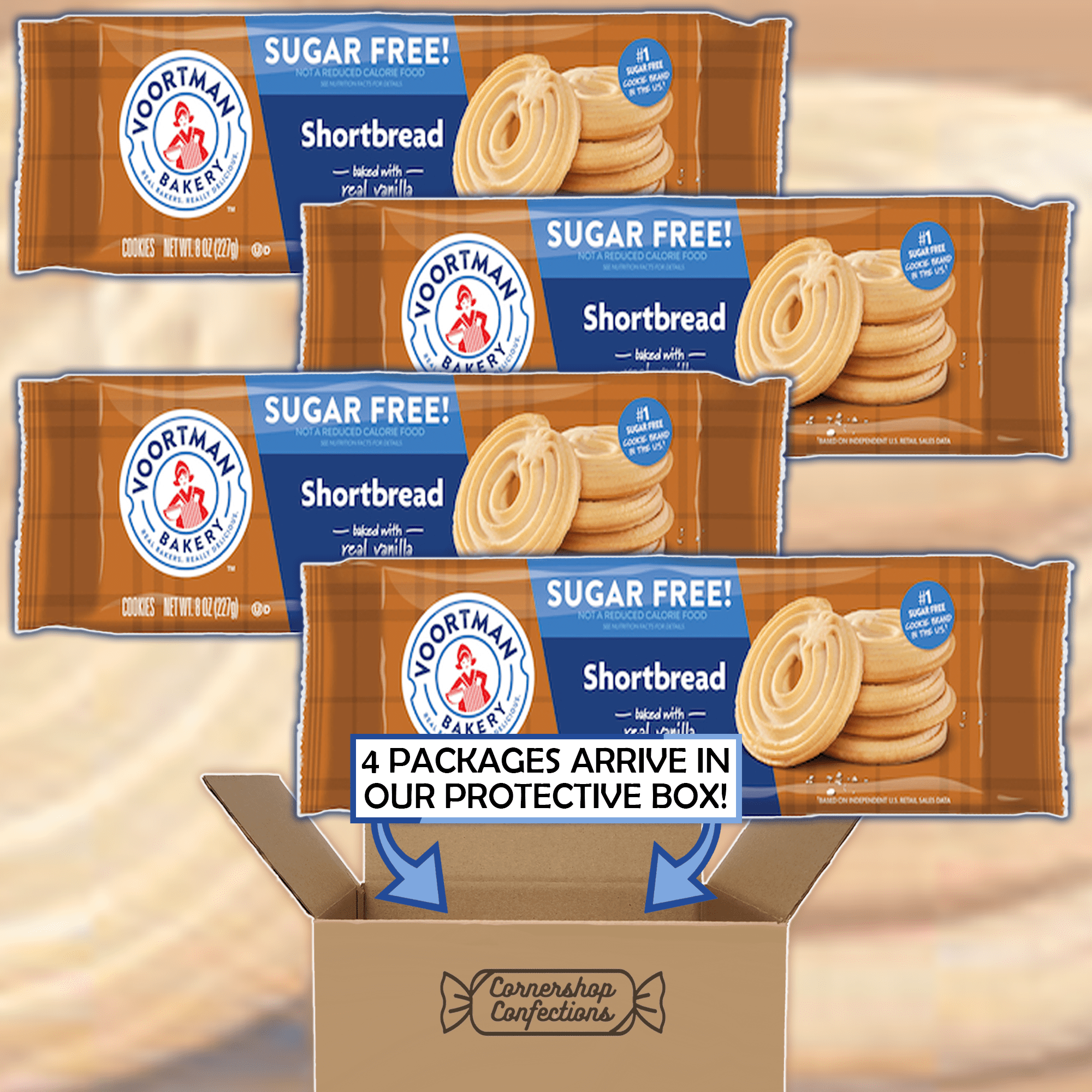 Voortman Sugar Free Shortbread Cookie Bulk Pack - 4 Full Individually Sealed Packs - 48 Total Servings - Holidays, Family Gatherings, Work Desk Snack in Cornershop Confections Pack