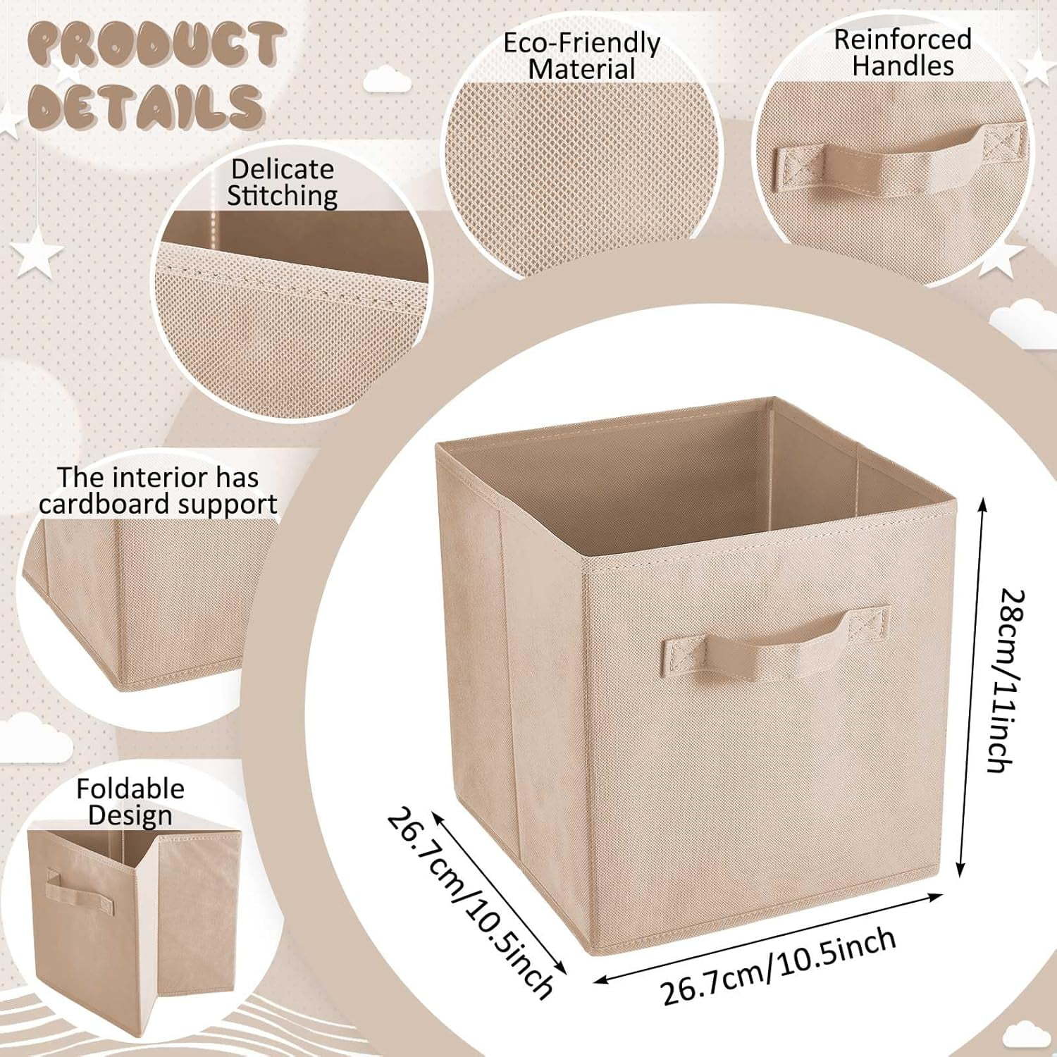 12 Pcs Cube Storage Bin 11'' Collapsible Storage Cubes for Classroom Foldable Cube Storage Organizer Bins Fabric Bins Storage Basket Fabric Cubby Boxes for Shelf(Beige, Khaki, Brown)