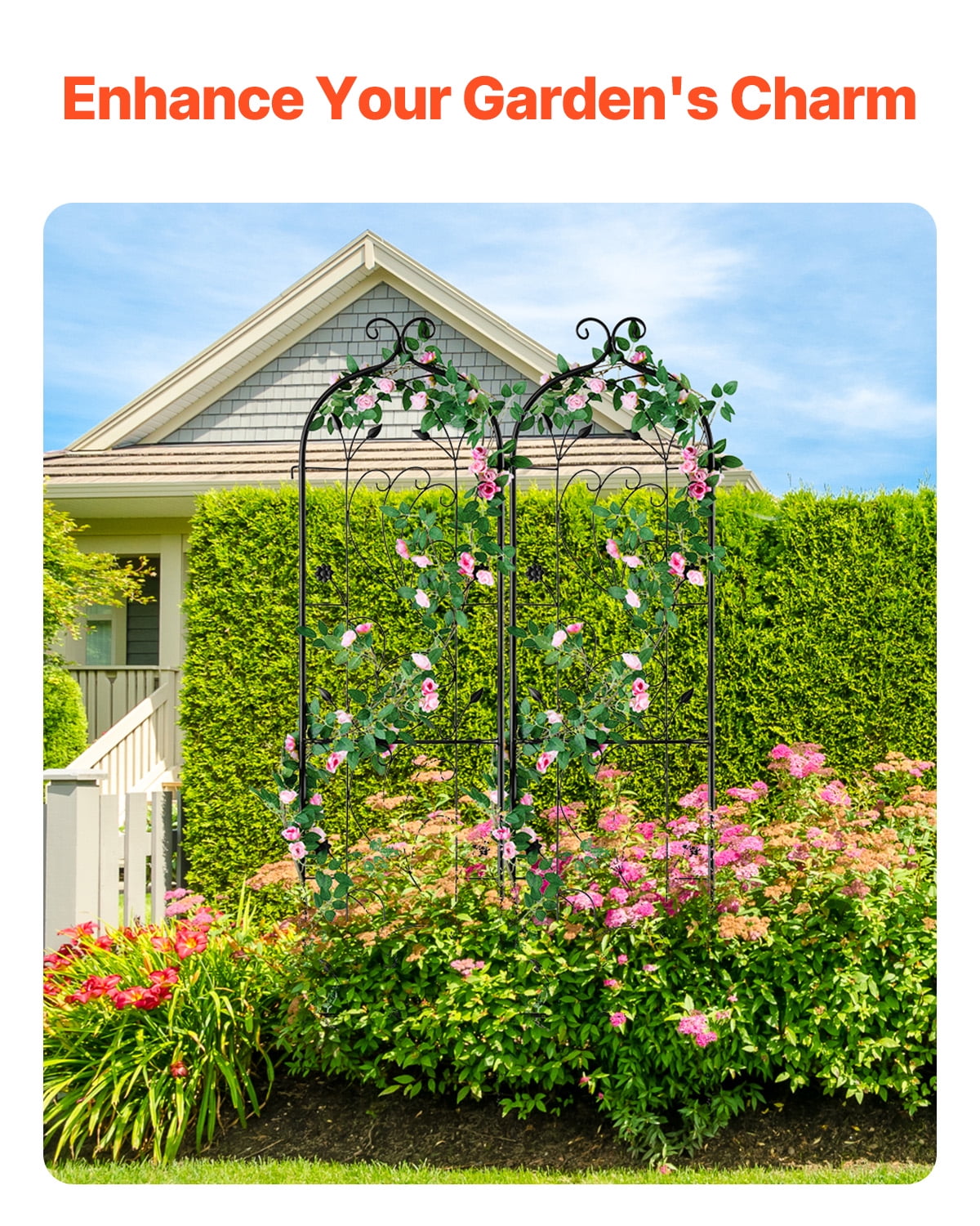 KFFKFF Outdoor Plant Support, 60 x 15 in, Set of 2 Durable Metal Garden Vine Trellis, Ideal for Climbing Roses and Cucumbers, Ornamental Clematis Trellis for Yards and Lawns
