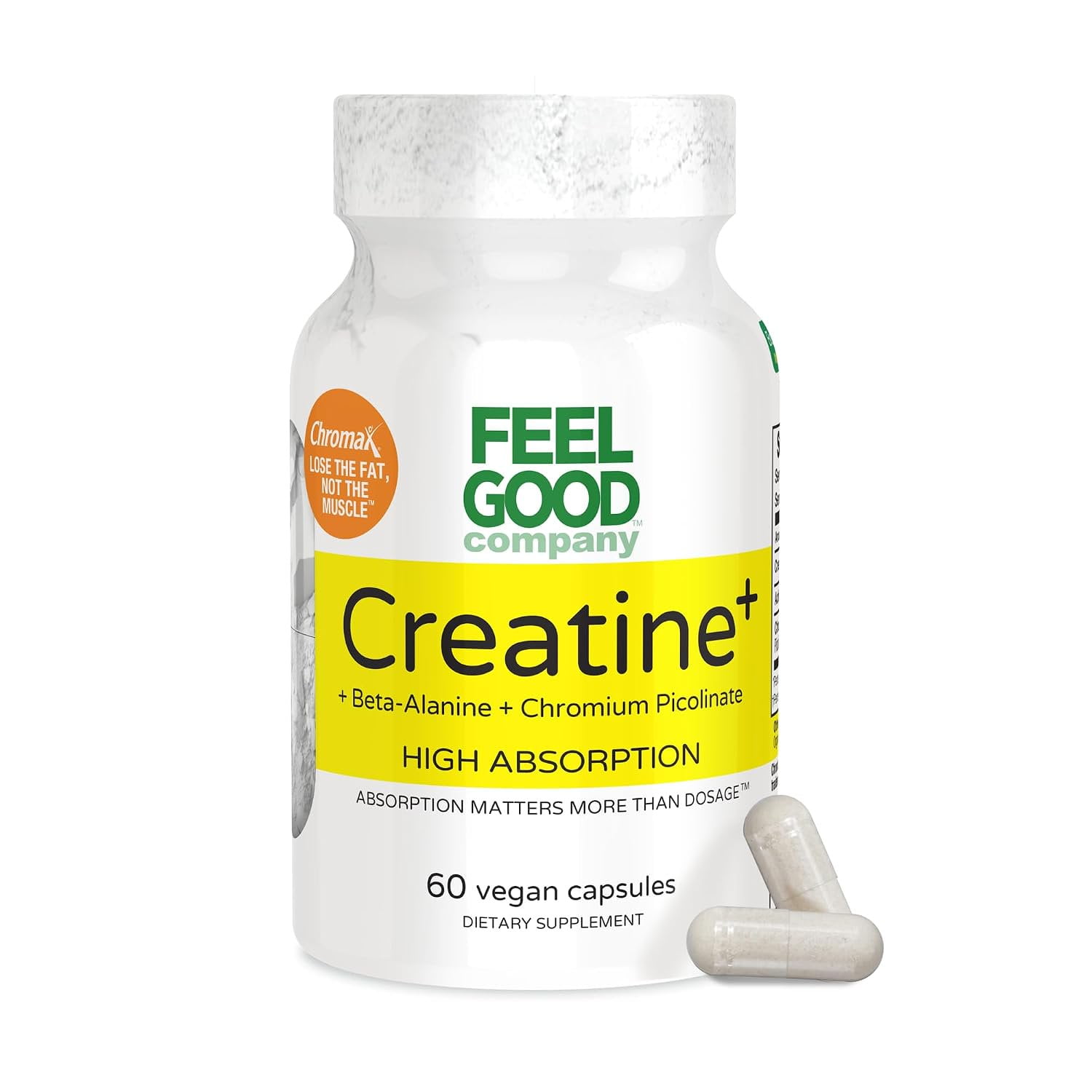 FeelGood Company Creatine +, High Absorption Vegan Capsules, 60 Count, Non-GMO, Gluten Free, Soy Free