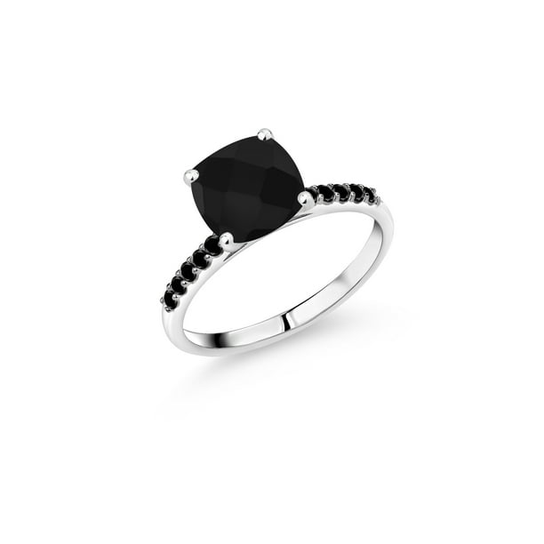 Gem Stone King 10k White Gold Black Onyx And Black Diamond Women Engagement Ring 2 31 Ct Cushion Checkerboard Available In Size 5 6 7 8 9 Walmart Com Walmart Com
