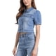 thumbnail image 4 of CHAQUETA DE JEAN DENIM CROP CON MANGAS ABULLONADAS Y BOTONES PARA MUJERES INSPIRADA EN CHIC TAMAÑO XS AZUL CLARO, 4 of 5