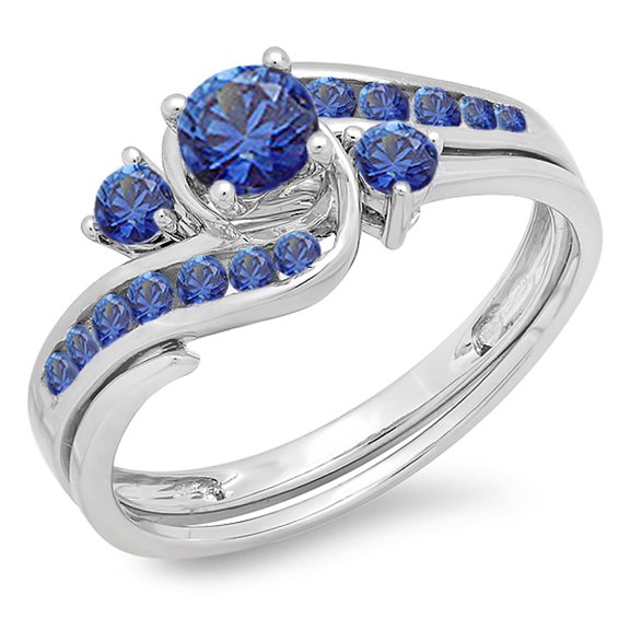 Dazzlingrock Collection 0.90 Carat (ctw) 18k Round Blue Sapphire Ladies Swirl Bridal Engagement Ring Set, White Gold, Size 6