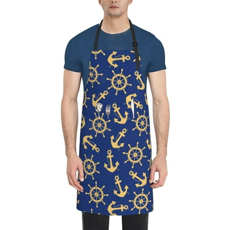 

Qekee Anchors and Nautical Print Waterproof Apron with Pockets Adjustable Cooking Aprons Kitchen Bib for Baking Household Cleaning