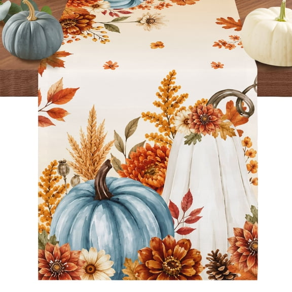 Thanksgiving Fall Short Table Runner 36 Inches Long, Country Pumpkin Floral Branches Leaves Cotton Linen Table Runners Dresser Scarves, Fabric Tabletop Scarf Furniture Cover for Dinner Party 13"x36"