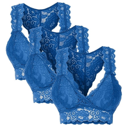 

Sksloeg Women s Bras Deep Cup Bra Floral Lace Racerback Lace Bra with Shapewear Full-Back Coverage Push Up Sports Bras Pack of 3 Blue XL