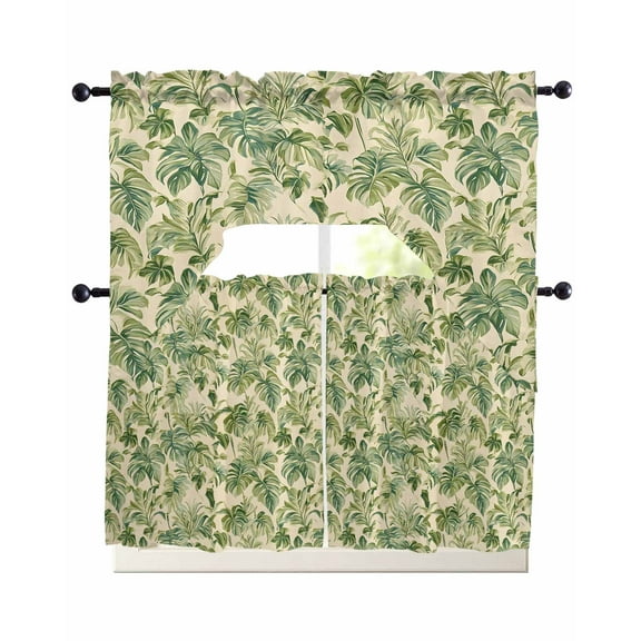 Green Palm Leaf Kitchen Curtains Swag Valance and Tier Curtains Set 36 Inch Length, Watercolor Summer Botanical Rod Pocket Drape Panels Pair Swag Curtain for Bathroom/Cafe/Window