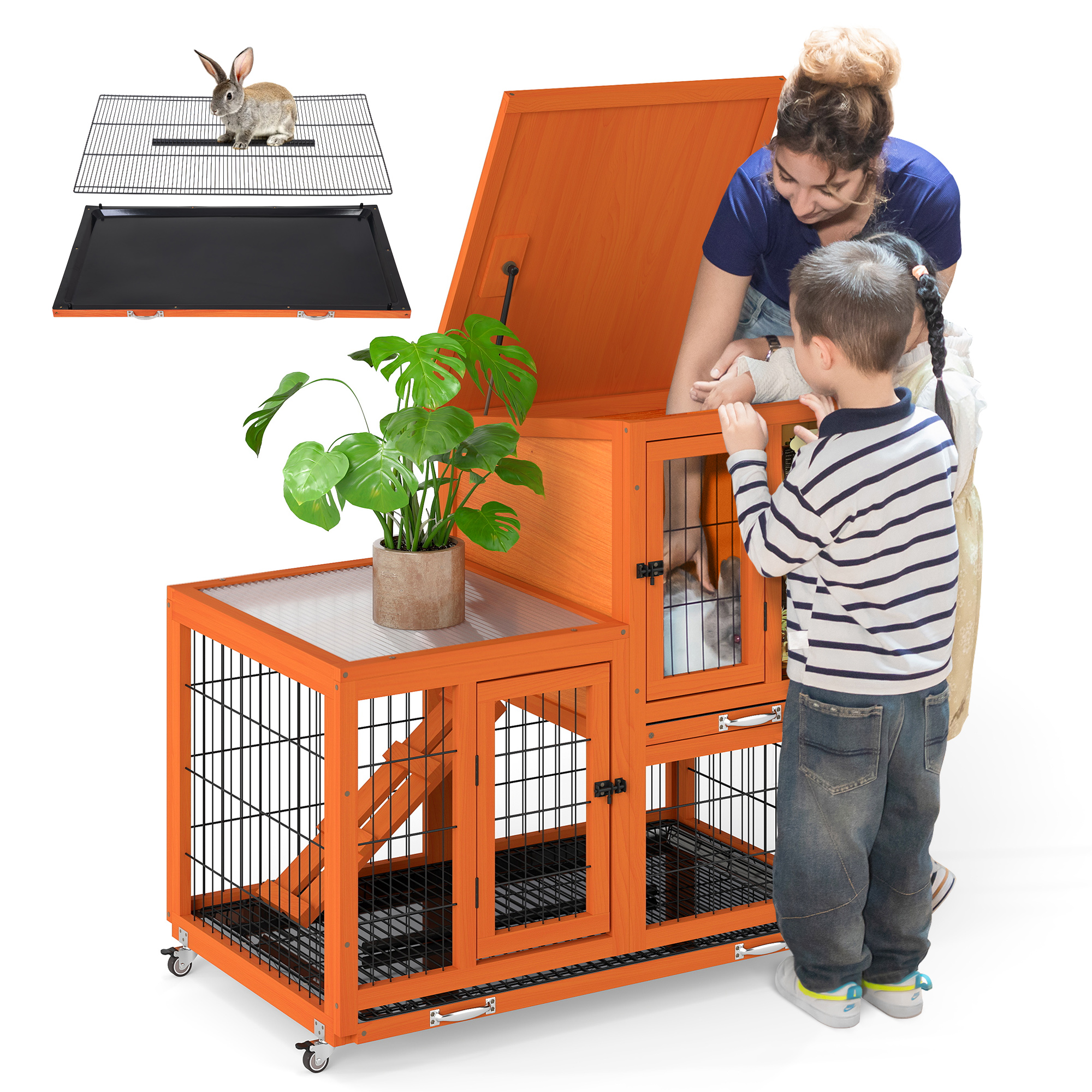 COZIWOW Rabbit Cage Indoor with Wire Bottom, 2-Level Large Wooden Bunny Hutch on Wheels Outdoor for Multiple Small Animals, Orange + Colorful Patterns