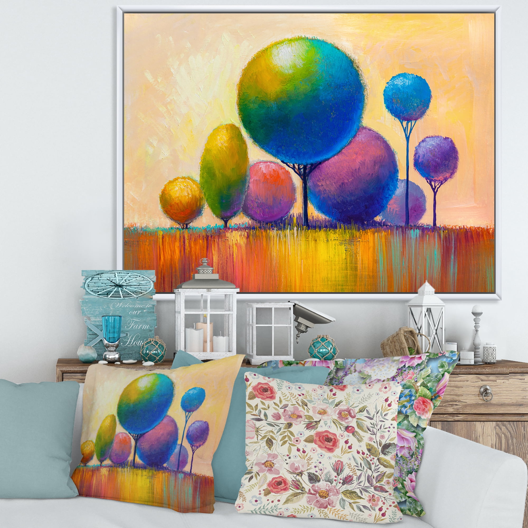 Designart 'Ornamental Colourful Trees VIII' Modern Framed Canvas Wall Art Print