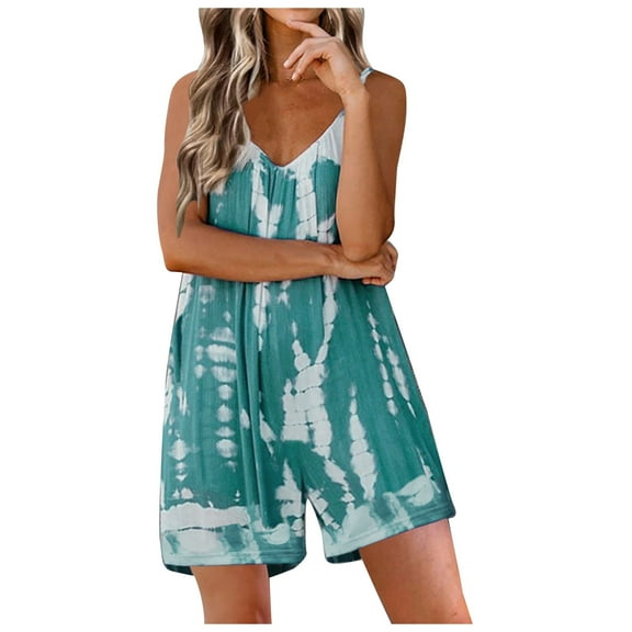 Summer Jumpsuits for Women Casual Loose Printed V Neck Spaghetti Strap Wide Leg Shorts Rompers One Piece Jumpsuits