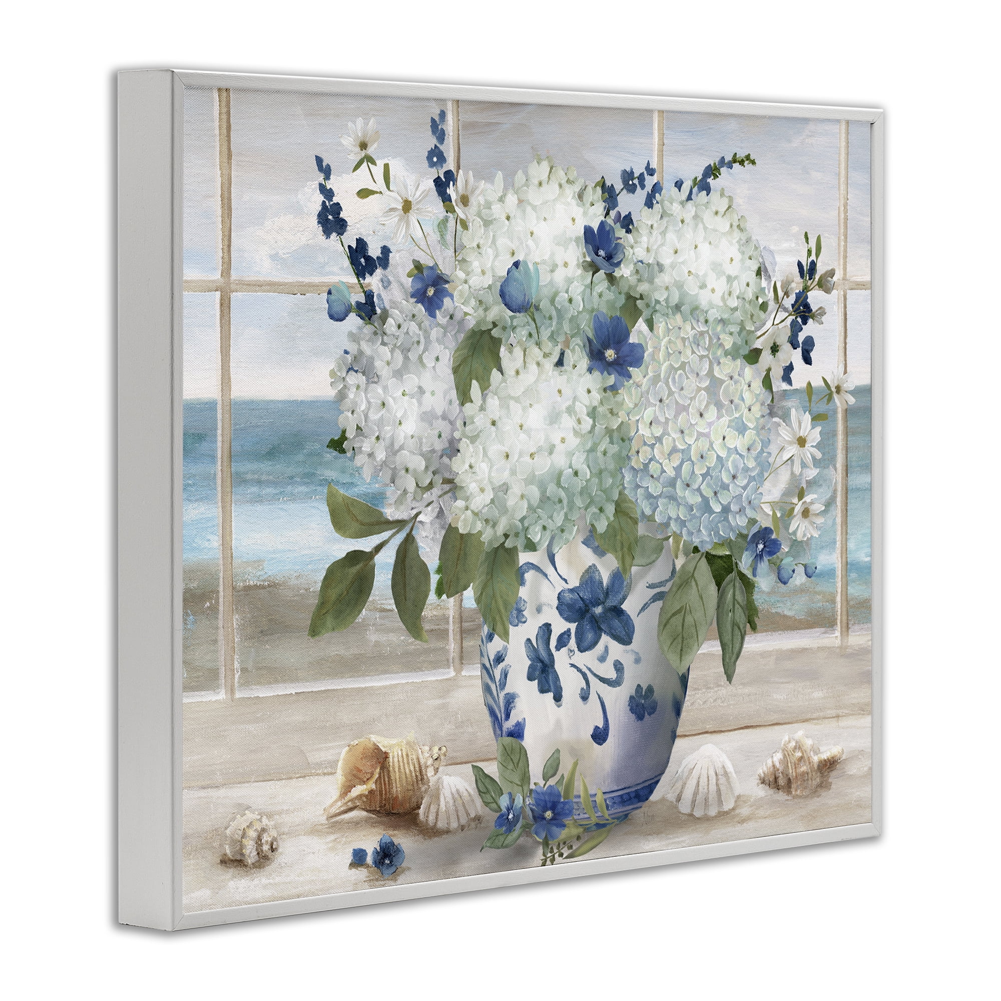 Stupell Industries Seaside Hydrangea Bouquet in Window White Framed Giclee Art, design by Nan