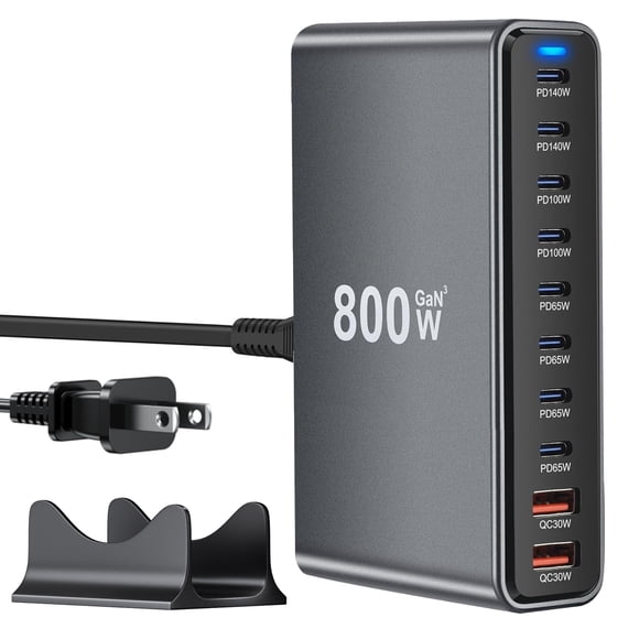 Estación de carga HONGYEE, 800 W, GaN, USB C, 10 puertos, para varios dispositivos