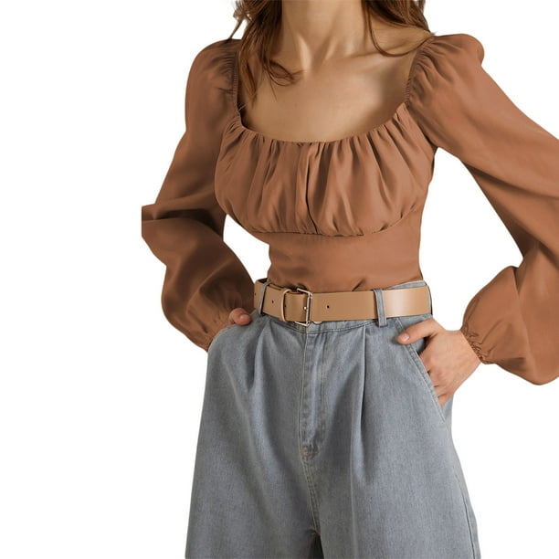 SAYOO Blusa plegada para mujeres, camiseta cuello cuadrado de manga larga SAYOO moda